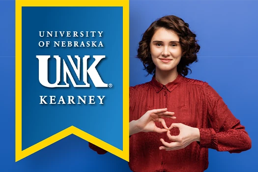 a unk banner over a photo of a sign language interpreter