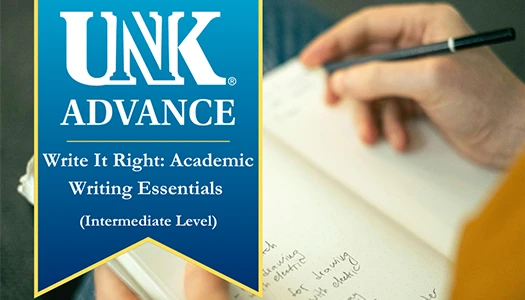 stock photo of a person writing with a unk advance banner over it